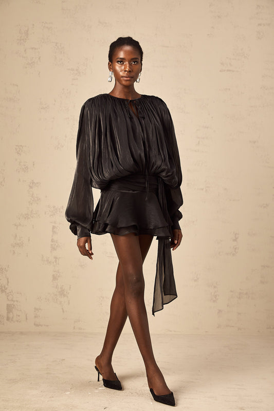Balloon-Sleeve Dress with Defined Waist | Flowy Midi Dress for Elegant Occasions