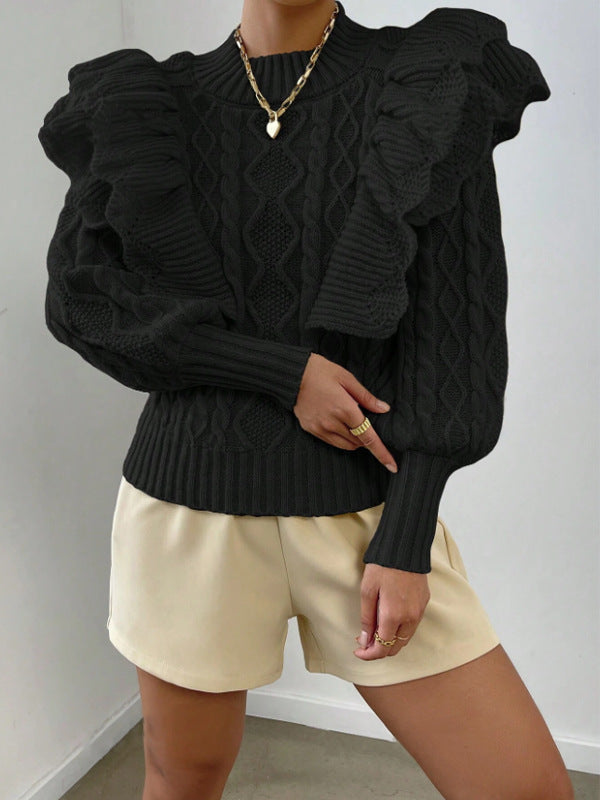 Cheri | Women's Ruffle Cable Knit Long Sleeve Sweater