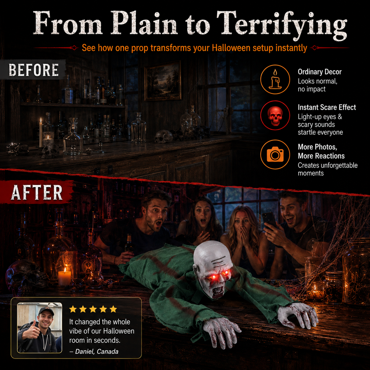 Crawling Ghost Prop | Animated Halloween Decoration with Glowing Eyes & Sound