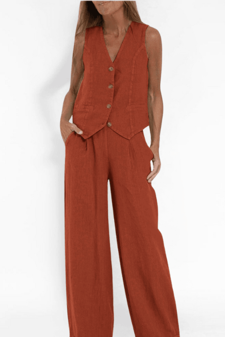 Jennifer | Women's Button-Front Sleeveless Vest and Wide Leg Pants Set