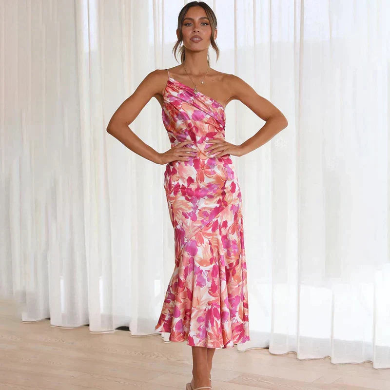 Miranda | Women's One Shoulder Fit & Flare Midi Dress