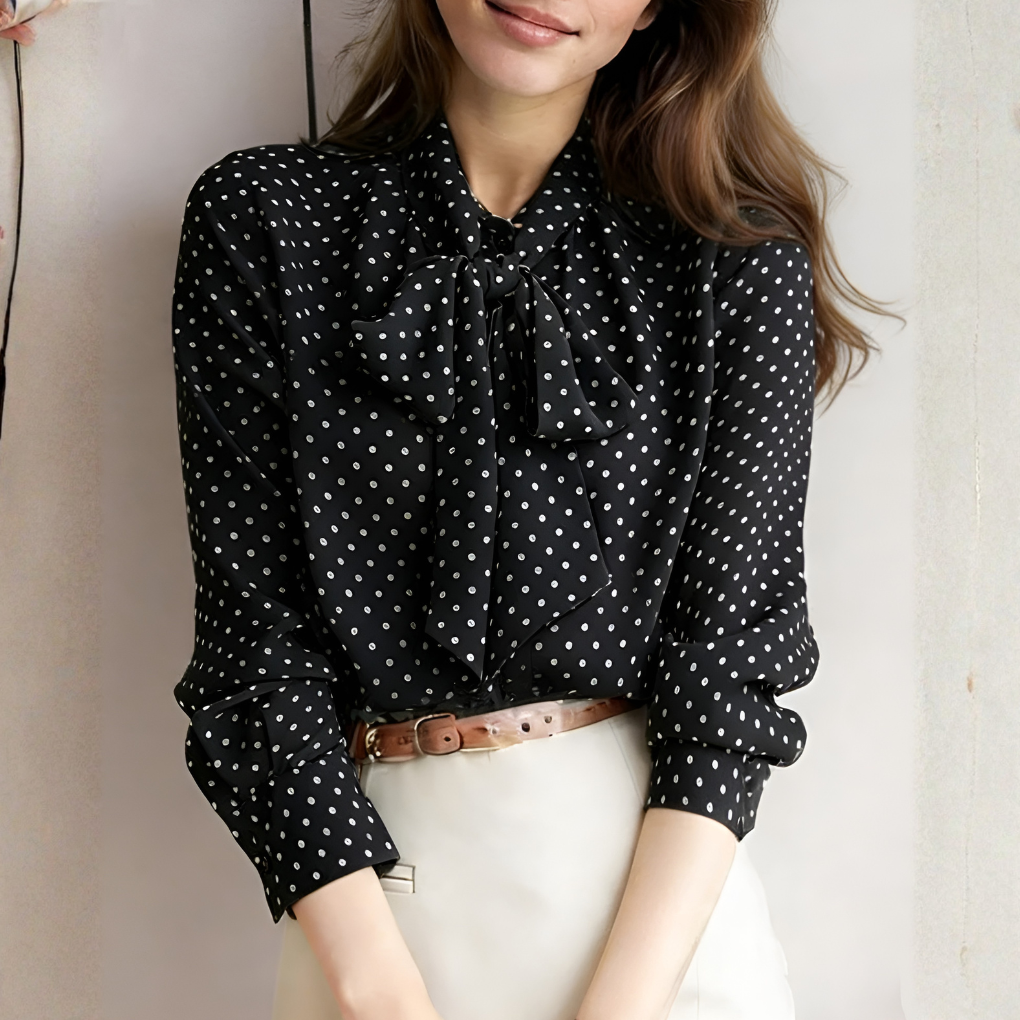 Polka Dot Tie-Neck Blouse