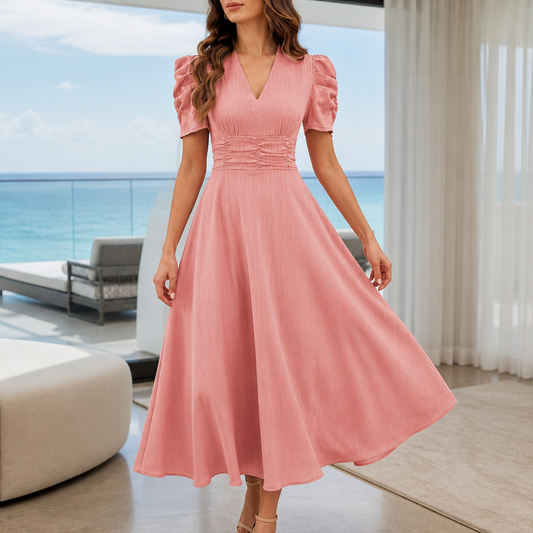 Ruched Waist Puff Sleeve V-Neck Midi Dress