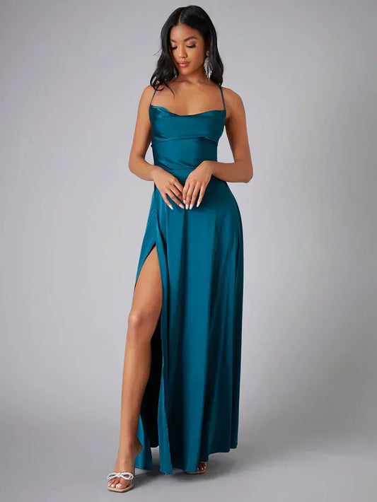 Satin Evening Dress with High Slit and Open Back