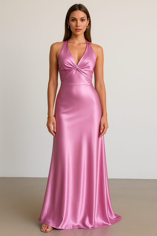 Sleeveless Floor-Length Satin Halter Maxi Dress with Fitted Waist
