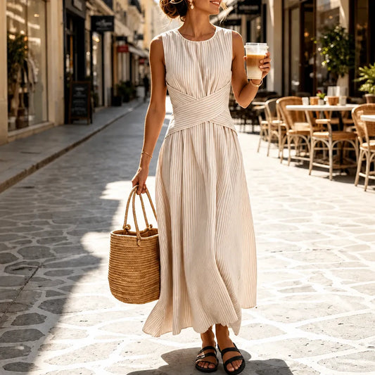 Sleeveless Striped Wrap-Waist Maxi Dress