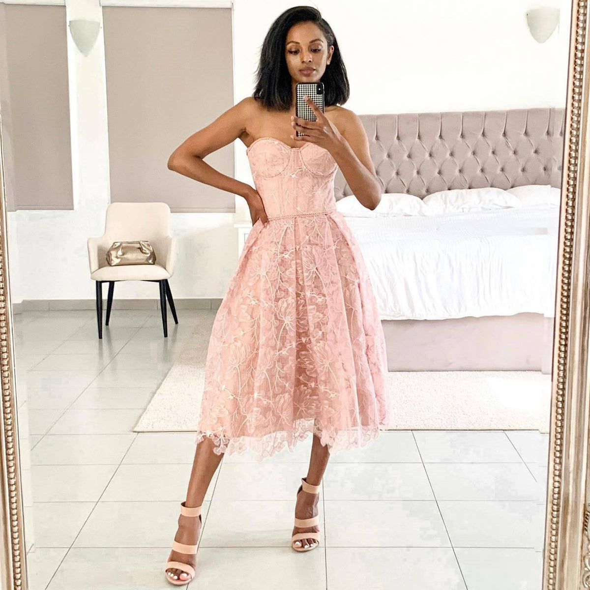 Strapless Lace Midi Dress with Corset Bodice
