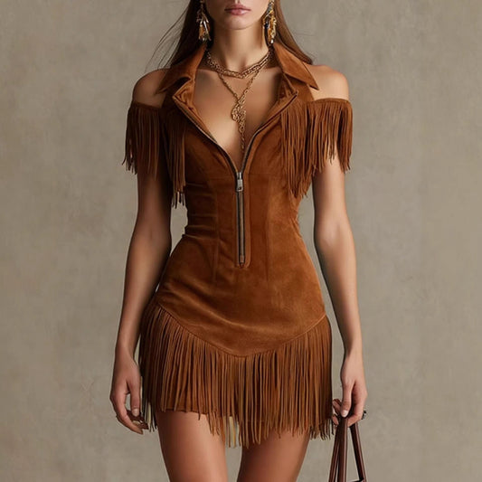Vintage Western Fringe Zip-Front Suede Dress