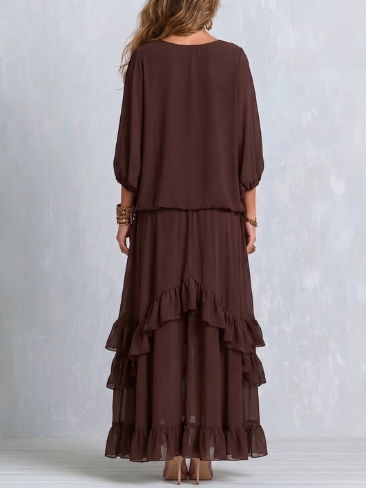 Women's Brown V-Neck Wrap Maxi Dress with Tiered Ruffle Hem