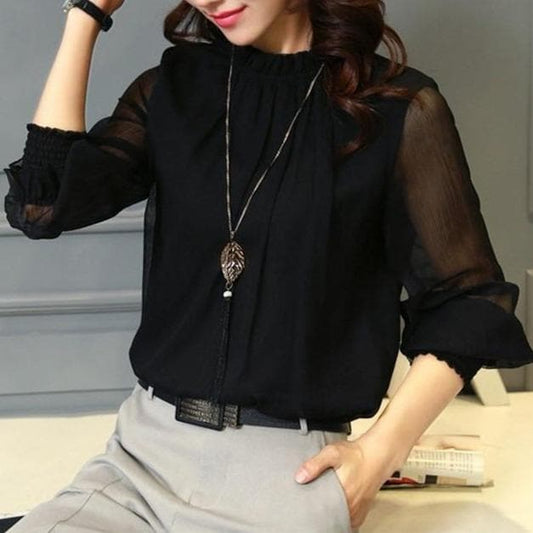 Women's Chiffon Blouse with Ruffles and Sheer Sleeves