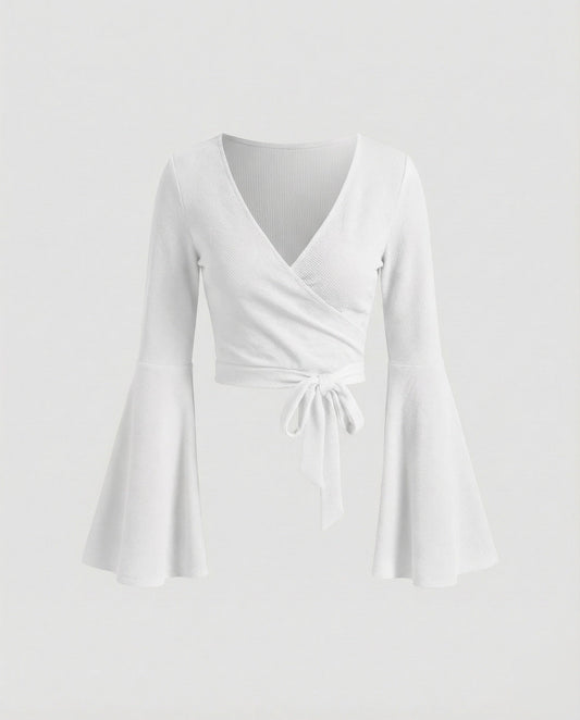 Women's Cropped Wrap Top with Bell Sleeves
