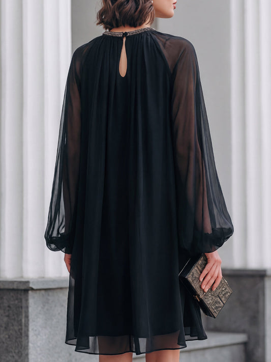 Women's Elegant Black Mini Dress with Embellished Neck & Balloon Sleeves