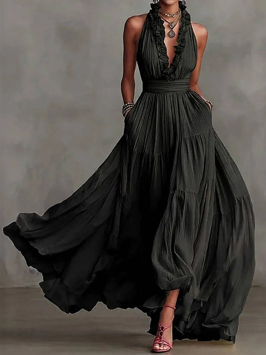 Women's Elegant Ruffle-Trim Backless Evening Maxi Dress
