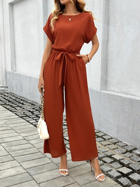 Women's Elegant Wide-Leg Jumpsuit with Tie Waist and Pockets