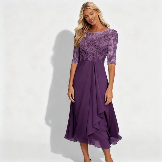 Women's Feminine Chiffon Midi Dress with Flowing Drape