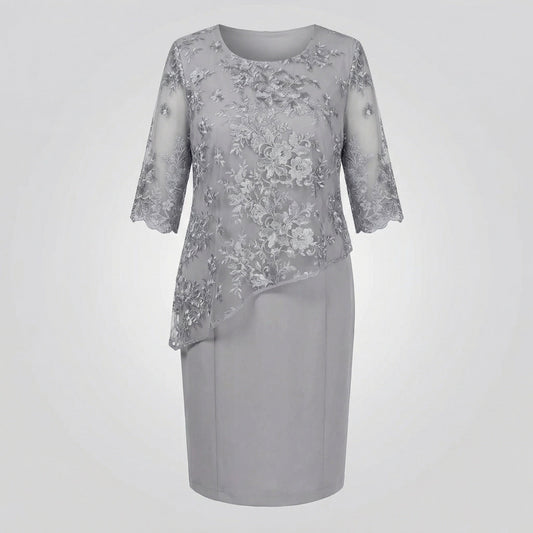 Women's Fitted Lace Midi Dress with 3/4 Sleeves, Illusion Neckline and Floral Embroidery