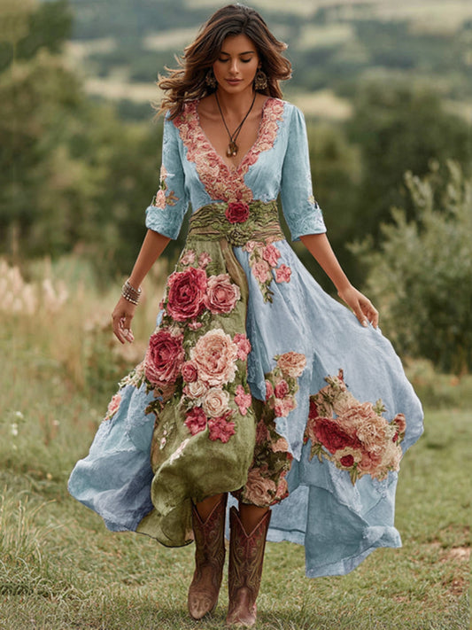 Women's Floral Print Midi Dress with Asymmetric Hem