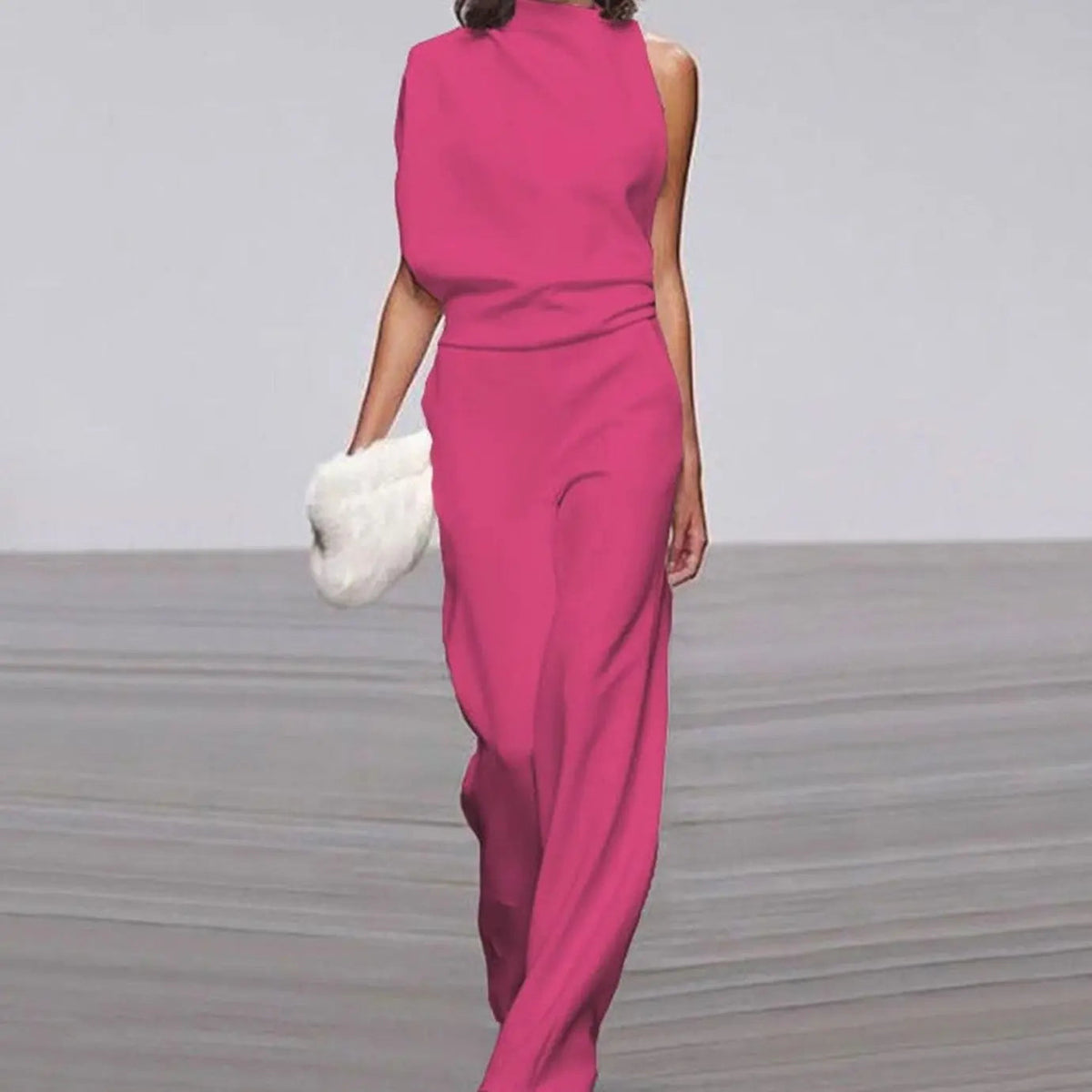 Women's Formal High-Neck Asymmetric Shoulder Wide-Leg Jumpsuit