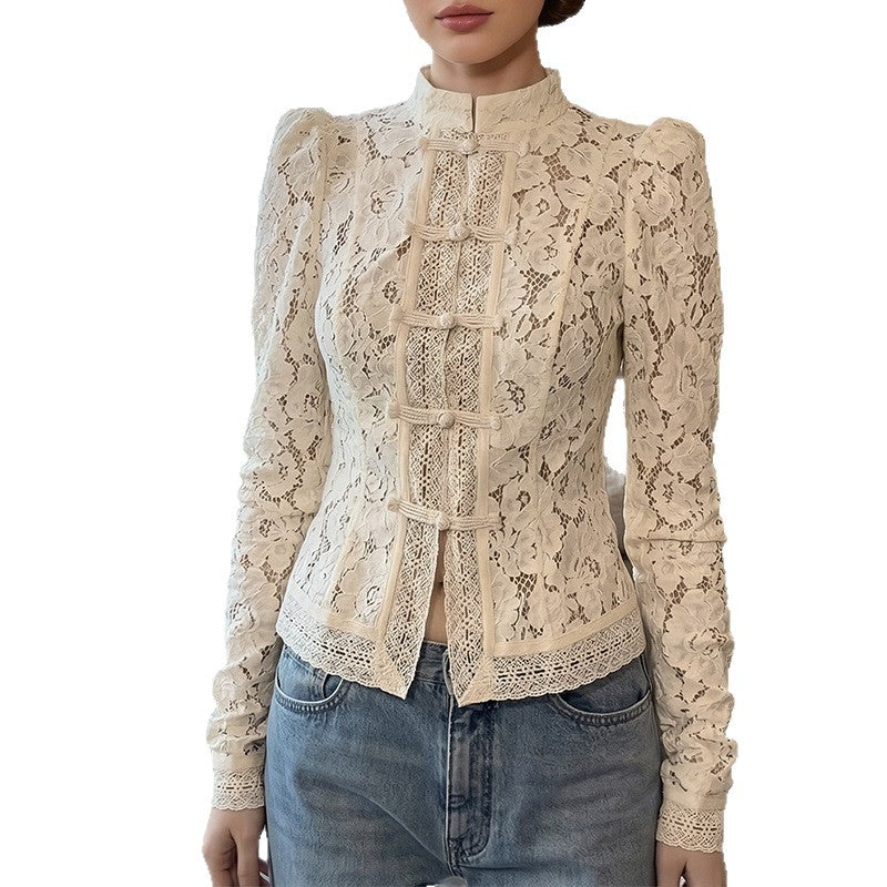 Women's Lace Blouse with Structured Details and Elegant Stand-Up Collar