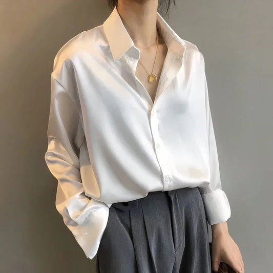 Women's Long Sleeve Satin Button-Down Collared Blouse