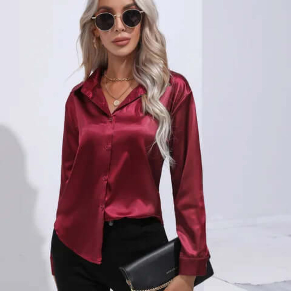 Women's Loose Fit Long Sleeve Satin Blouse