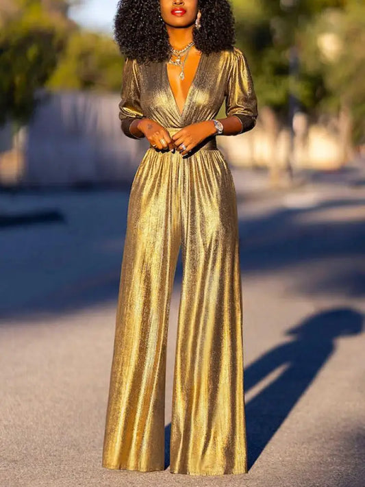 Women's Metallic V-Neck Wide-Leg Jumpsuit