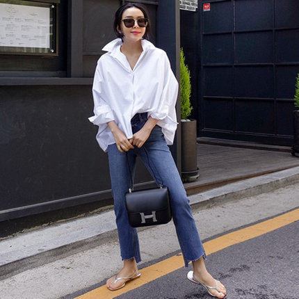 Women's Oversized Boxy Shirt Blouse with Dropped Shoulders and Extended Back