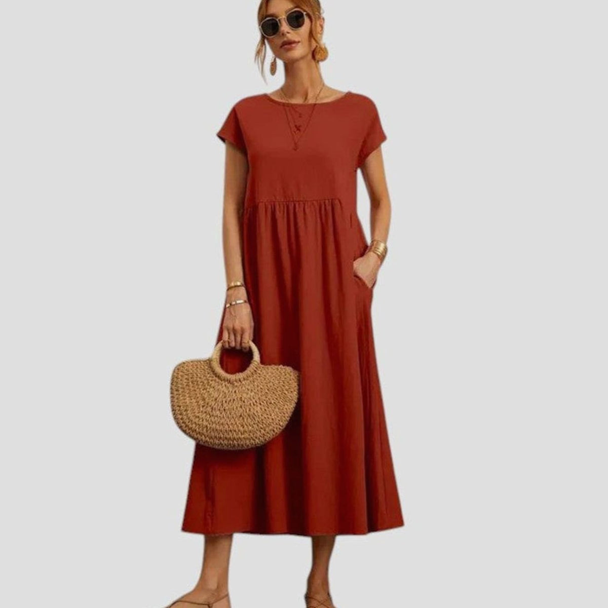 Women's Relaxed-Fit Short-Sleeve Round-Neck Flowy Midi Dress