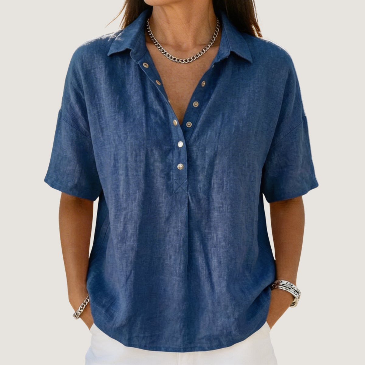 Women's Relaxed-Fit Snap-Button Collared Linen Pullover Top