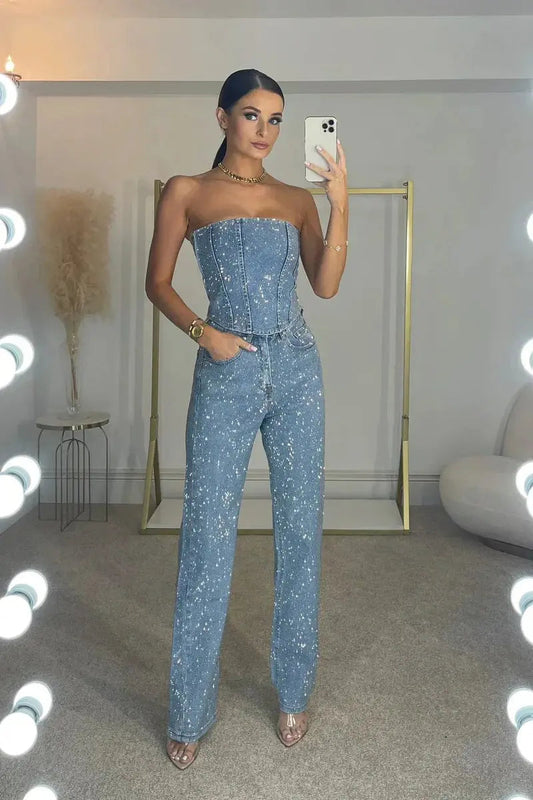 Women's Strapless Sequin Straight-Leg Jumpsuit