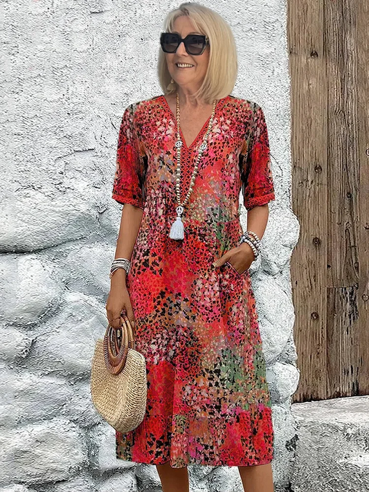 Women's V-Neck A-Line Printed Midi Dress