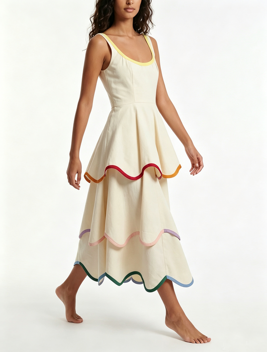 Women's White Tiered Maxi Dress with Rainbow Trim