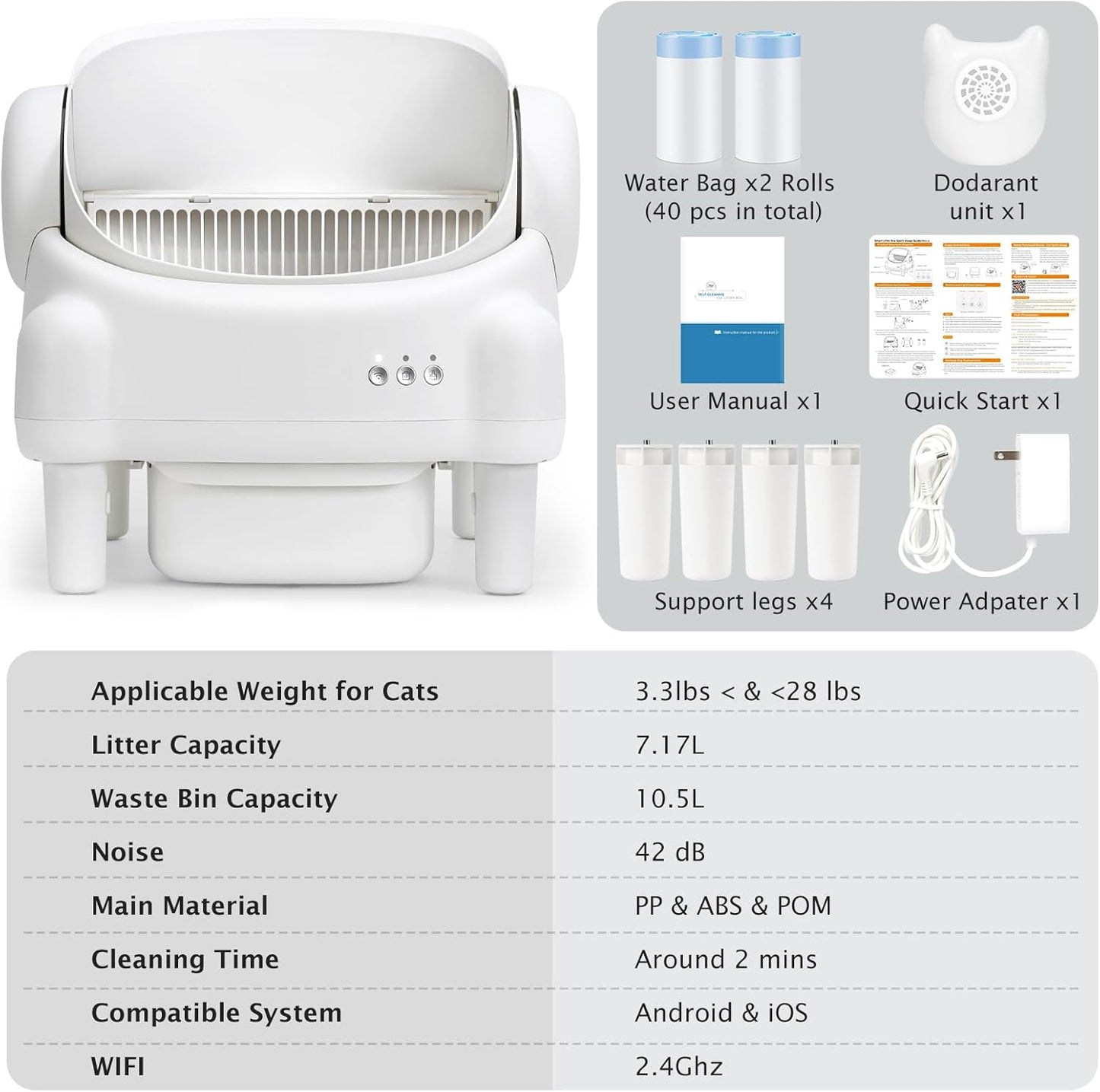 Self-Cleaning Automatic Litter Box — App Control, Multi-Cat, Odor Control (Cream White)