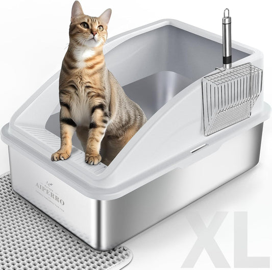 Stainless Steel Enclosed Litter Box — XL, High-Sided, Leak-Proof (with Mat & Scoop)