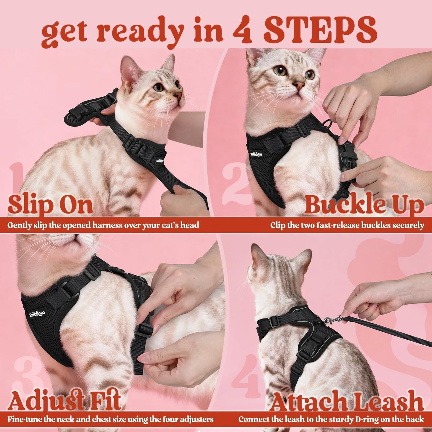 rabbitgoo Escape-Proof Cat Harness & Leash Set (XS, Black)