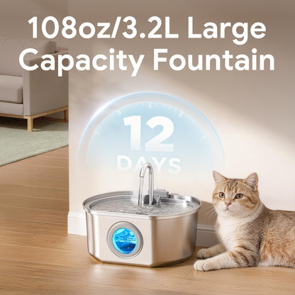 Stainless Steel Cat Water Fountain, 108oz/3.2L
