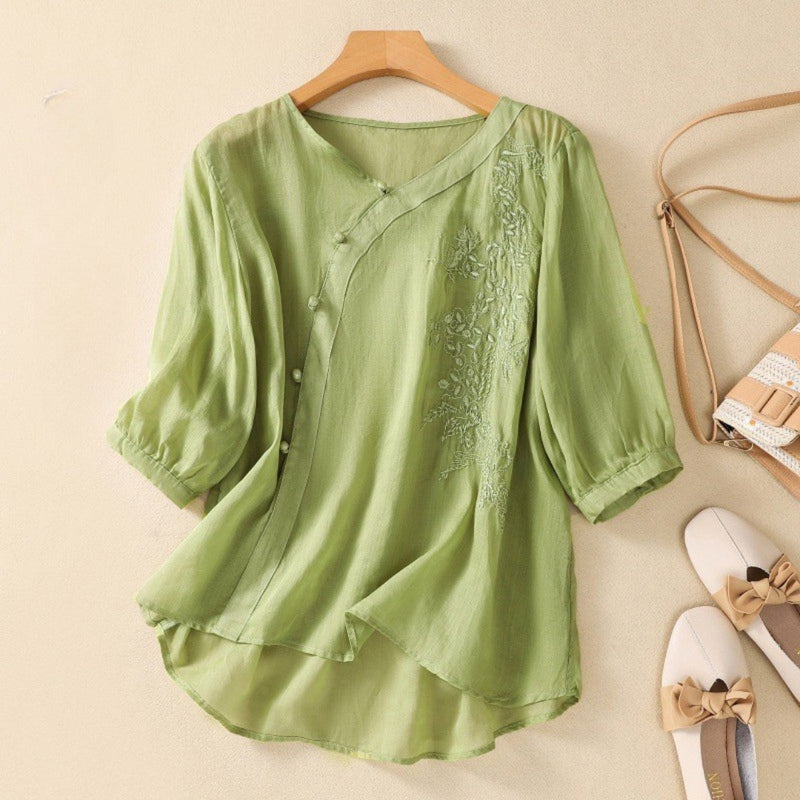 Angela | Women's Embroidered V-Neck Blouson Sleeve Top