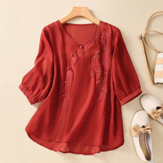Angela | Women's Embroidered V-Neck Blouson Sleeve Top