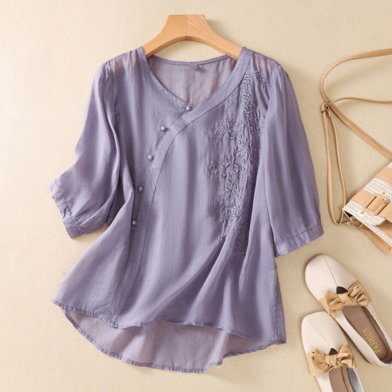 Angela | Women's Embroidered V-Neck Blouson Sleeve Top