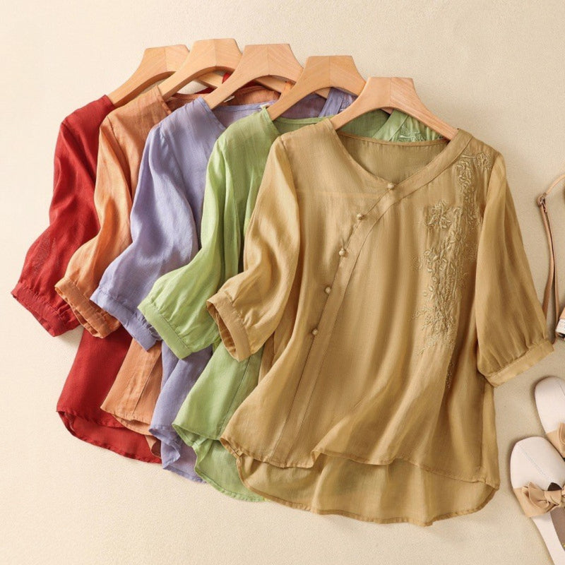 Angela | Women's Embroidered V-Neck Blouson Sleeve Top