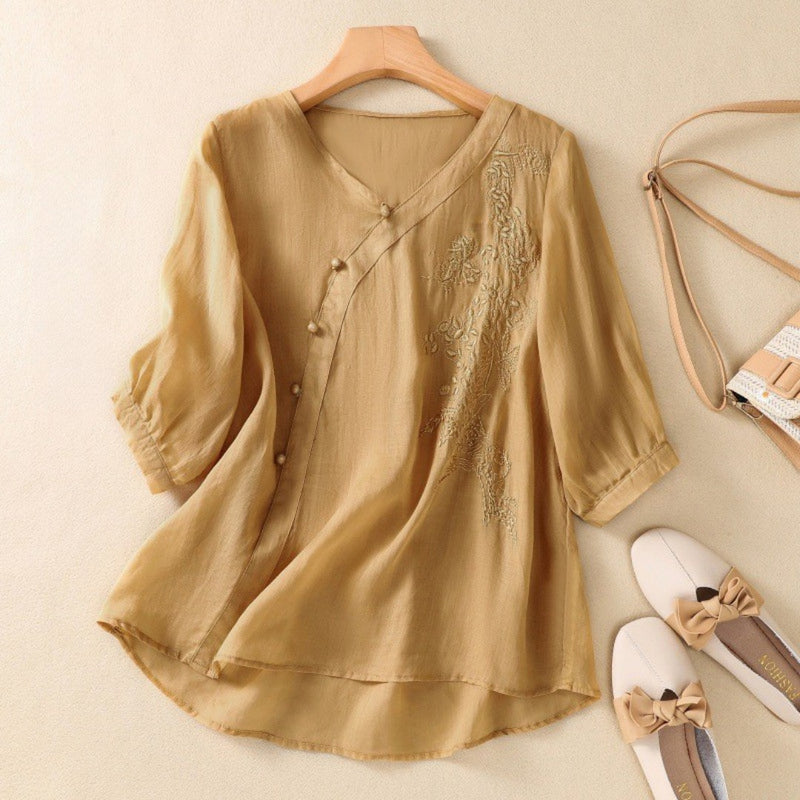 Angela | Women's Embroidered V-Neck Blouson Sleeve Top