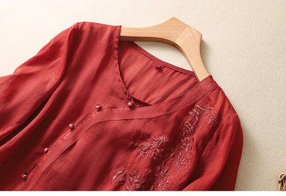Angela | Women's Embroidered V-Neck Blouson Sleeve Top