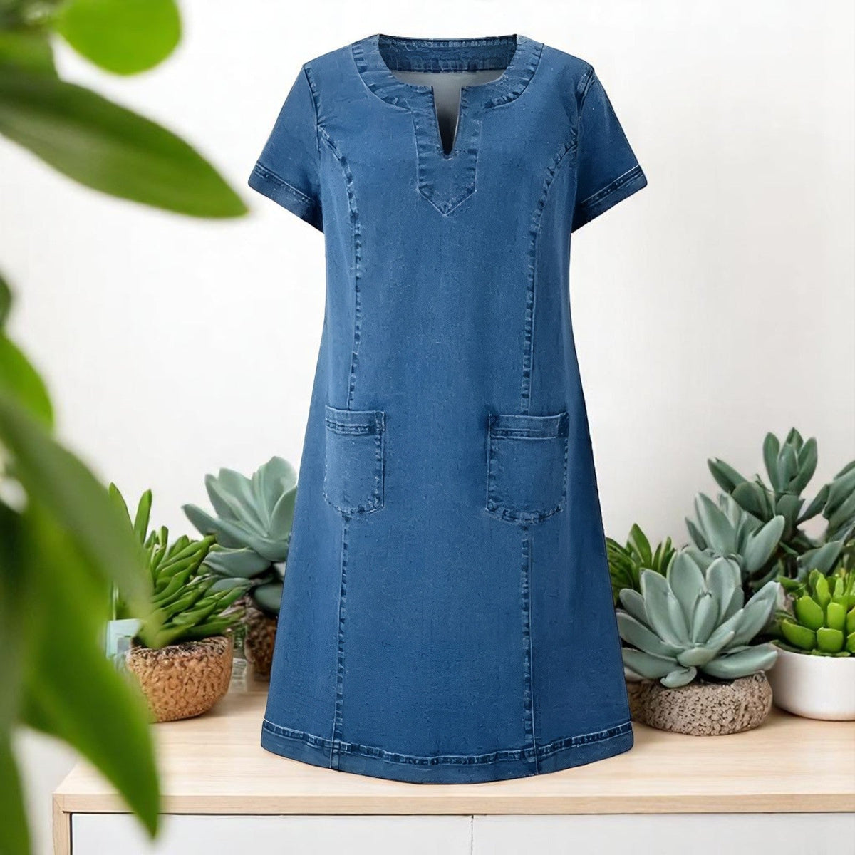 April | Women's V-Neck Denim A-Line Mini Dress