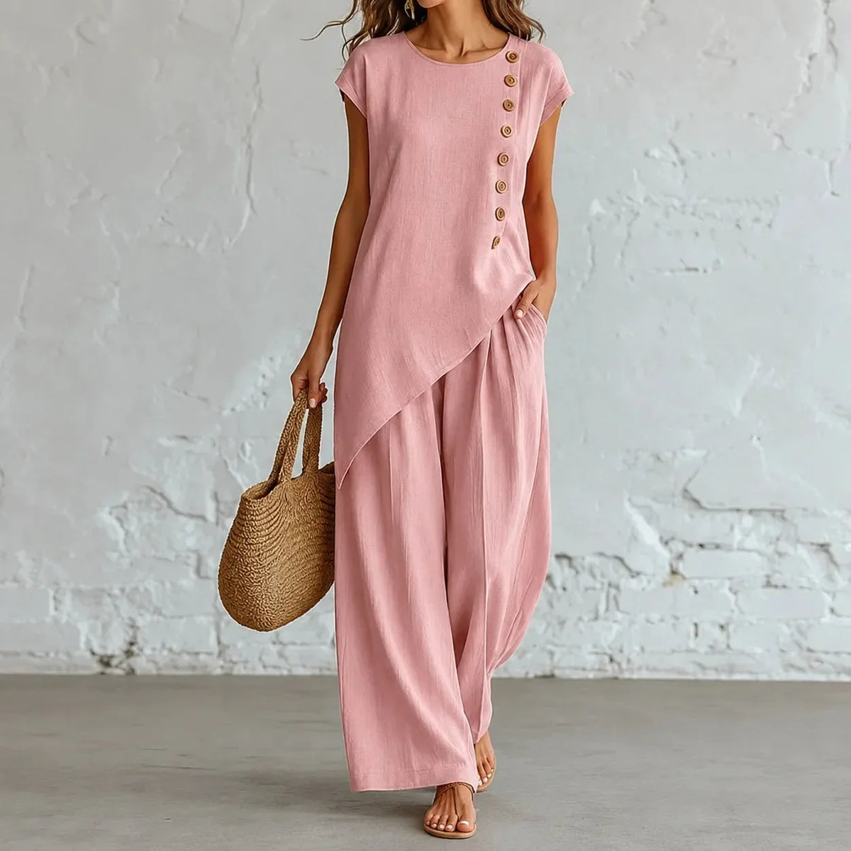 Asymmetric Hem Matching Set with Wide-Leg Pants