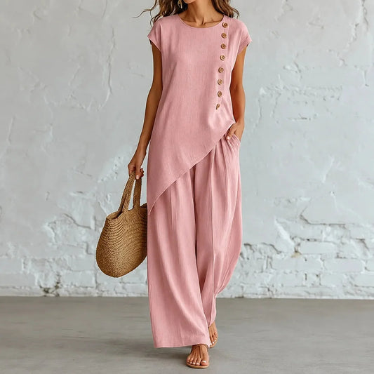 Asymmetric Hem Matching Set with Wide-Leg Pants