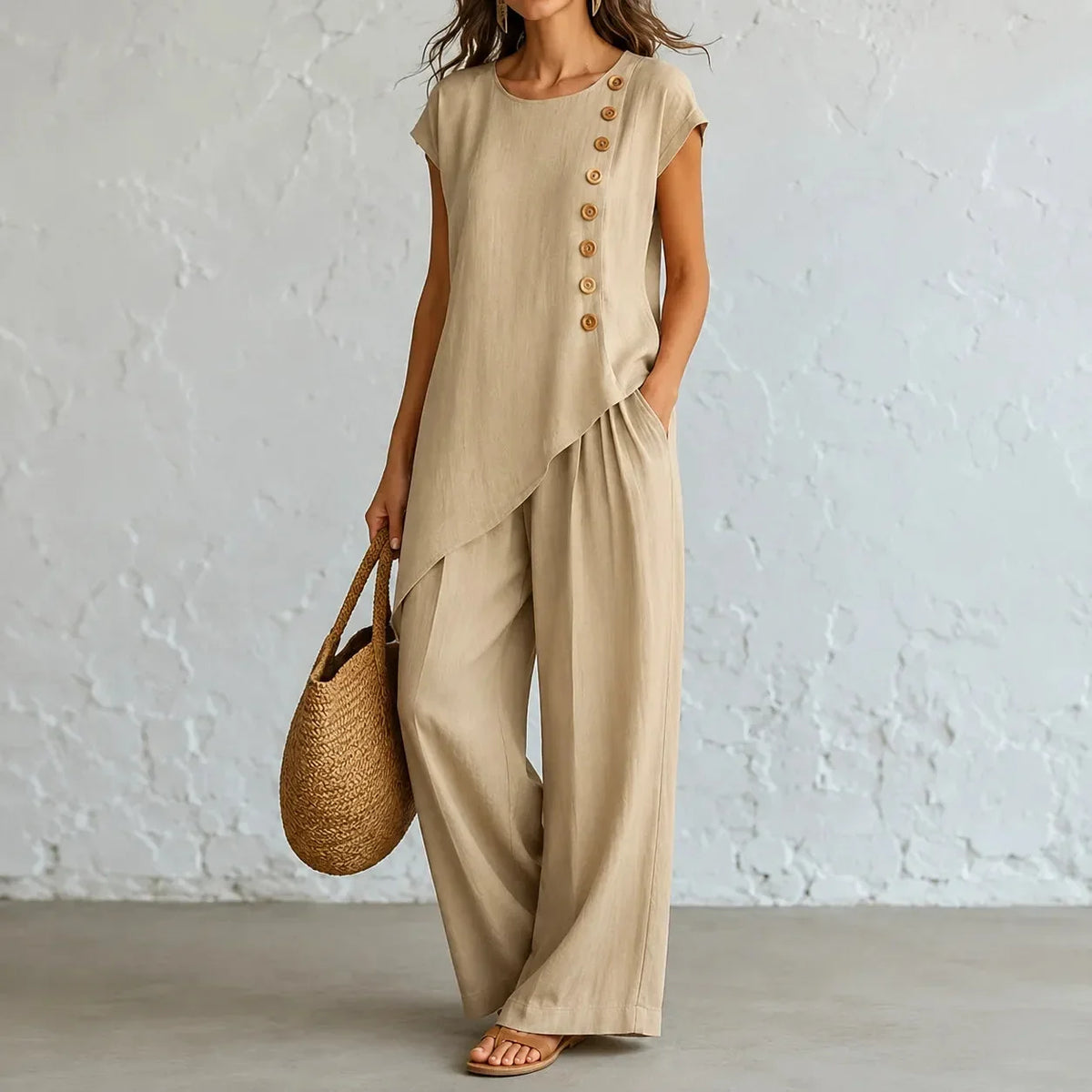 Asymmetric Hem Matching Set with Wide-Leg Pants