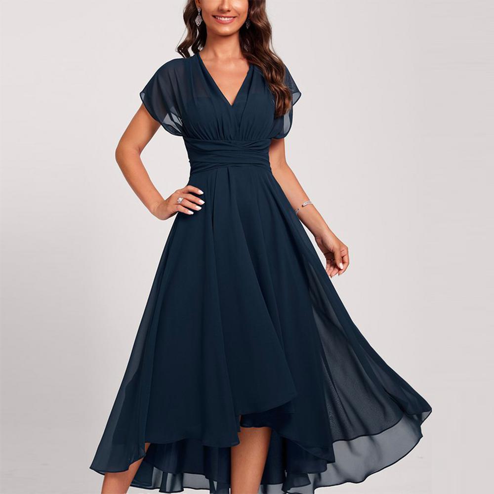 Blue Short-Sleeve Midi Dress with Curved Waist
