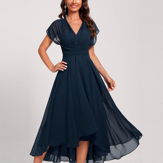 Blue Short-Sleeve Midi Dress with Curved Waist