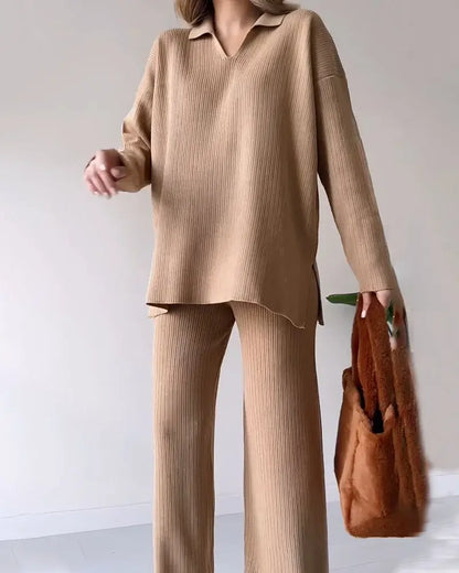 Casual V-Neck Split Knit Two-Piece Set