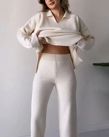 Casual V-Neck Split Knit Two-Piece Set